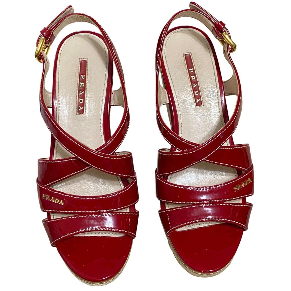 Prada Espadrille Wedge Slingback Sandals Red Patent Leather Size 5.5 Summer Chic - Picture 6 of 12